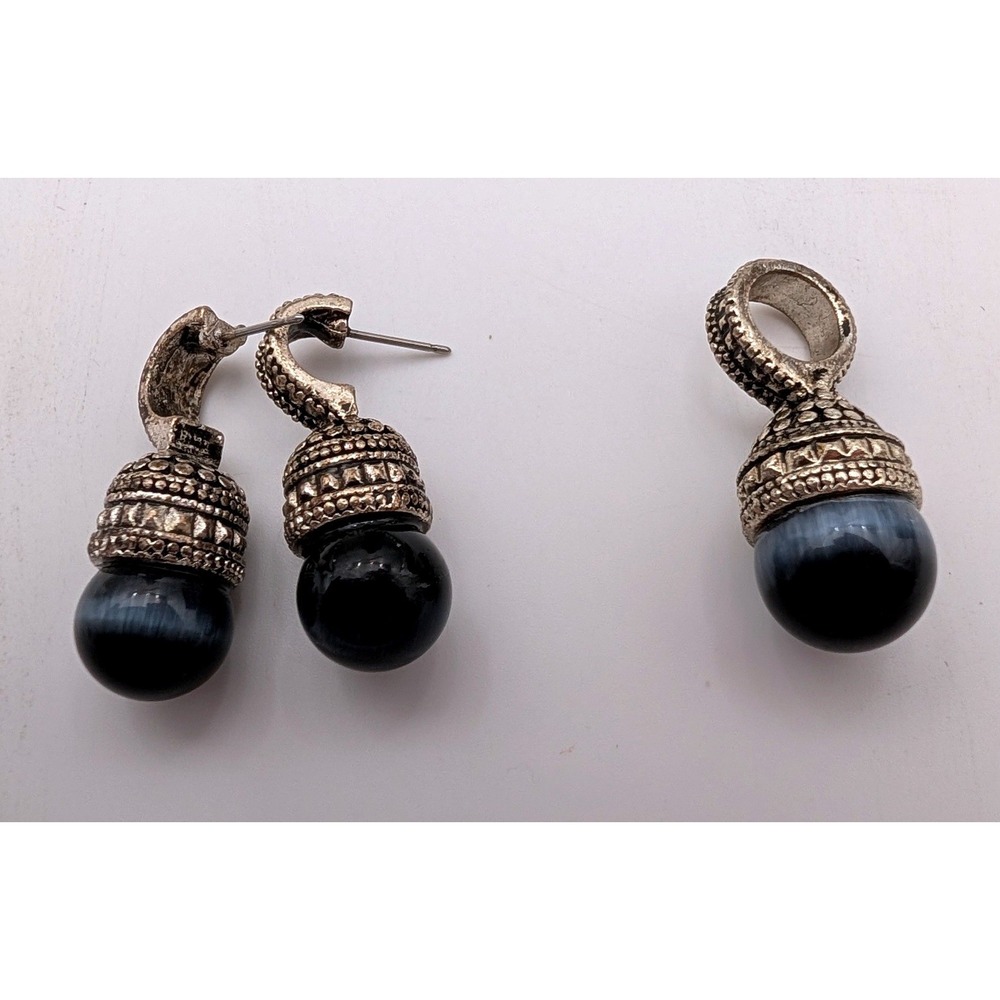 Vintage Blue Cats Eye Orb Earrings and Pendant Set Antiqued Silver Tone Boho